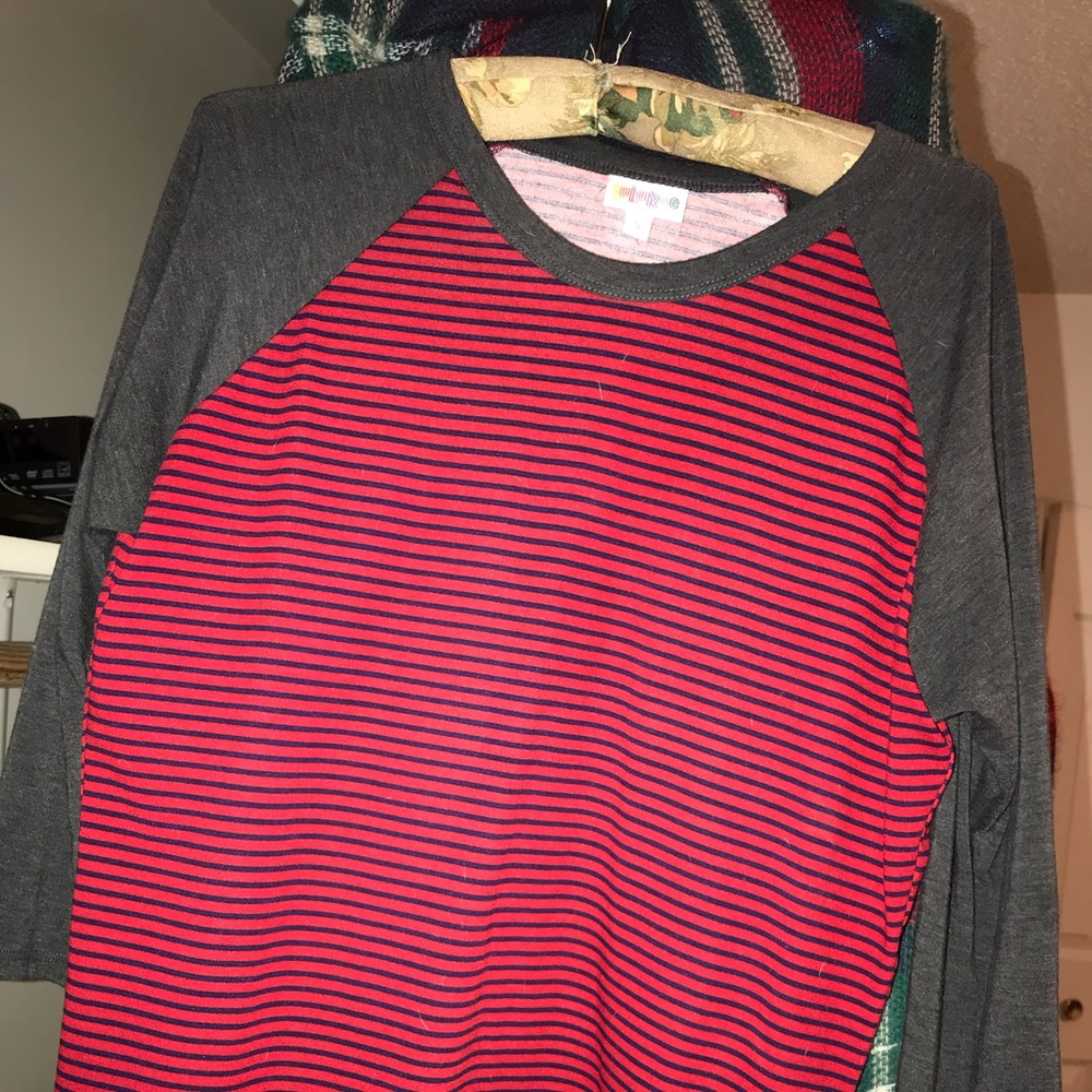 Lularoe Randy Size S Red Navy Stripe Gray Sleeve